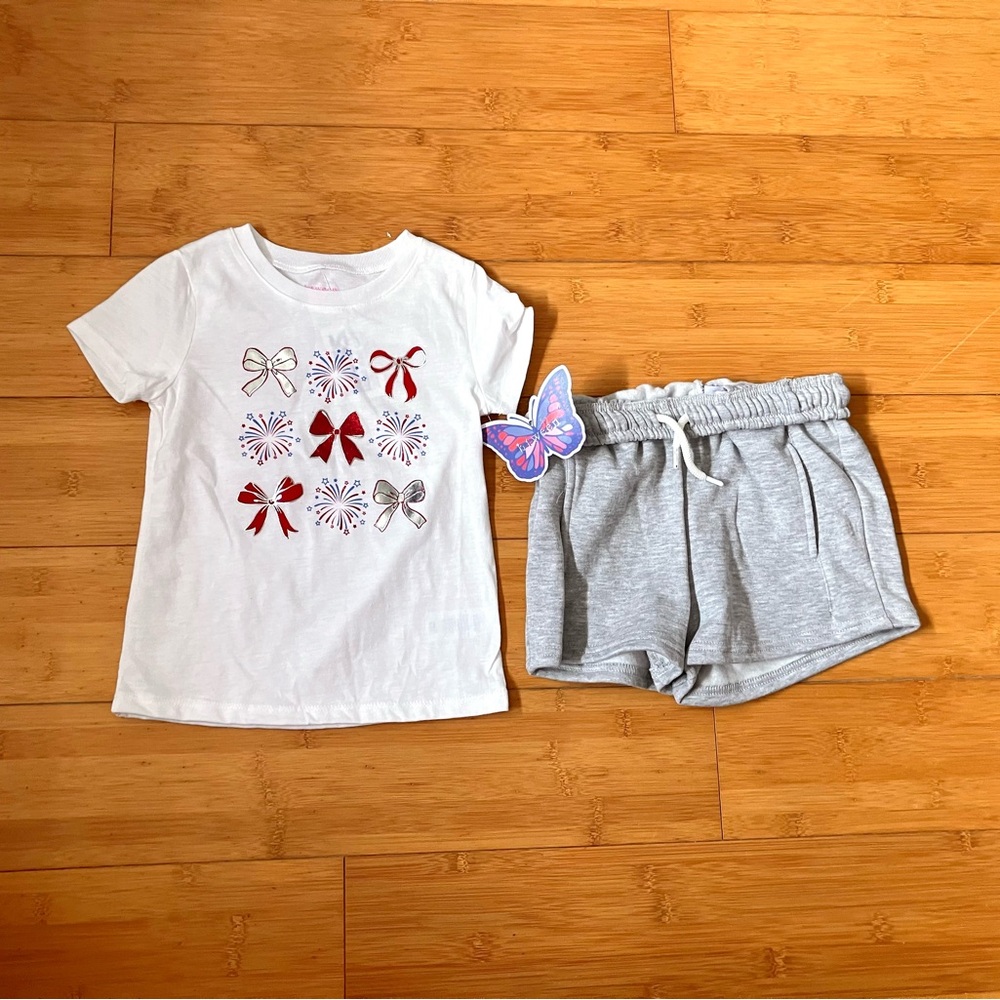 btween White Short-Sleeve Bow & Firework Print Pajama Set with Gray Shorts